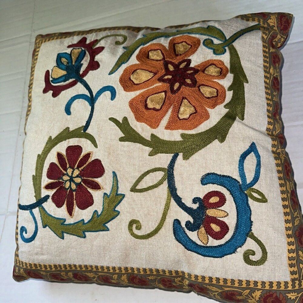 PIER 1 IMPORTS RUST FLORAL EMBROIDERED SQUARE THROW PILLOW 18X18 BOHO HIPPIE